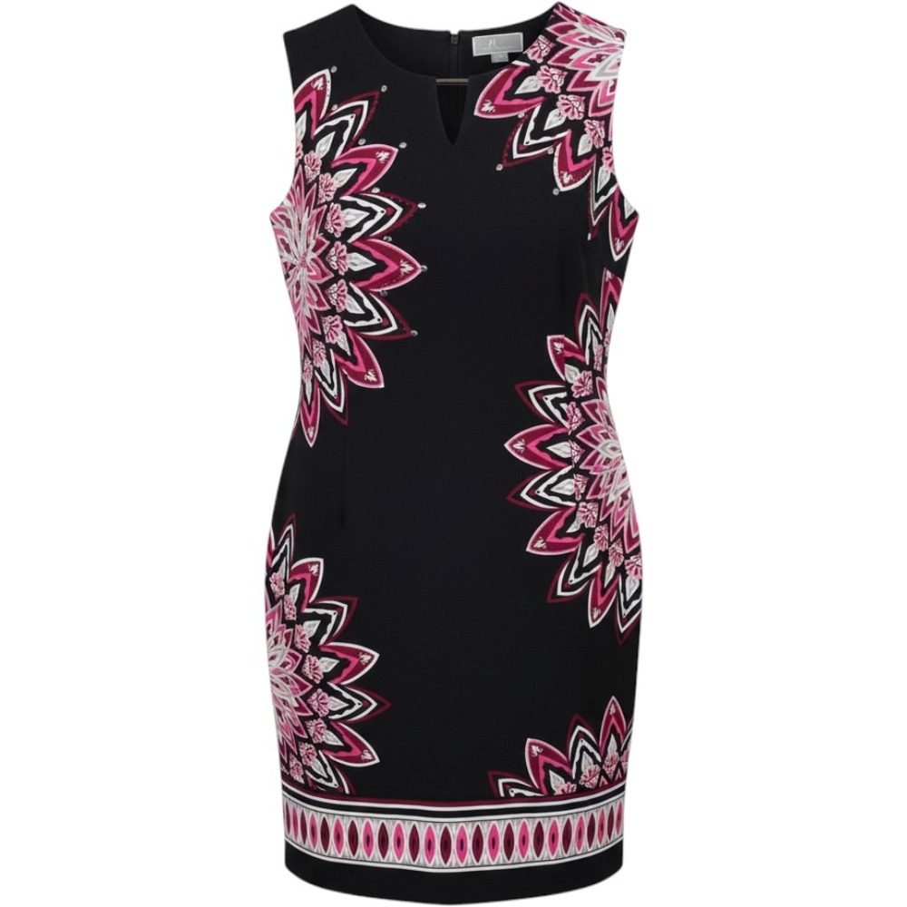 JM Collection Black Pink Floral Mandala Sheath Dress Sleeveless Split Neck  P/S